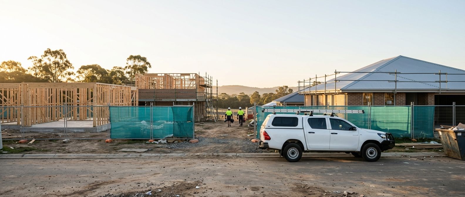 Two workers walk onto a housing estate in the early morning, past timber frames, teal shade cloth on the fences and a white ute
