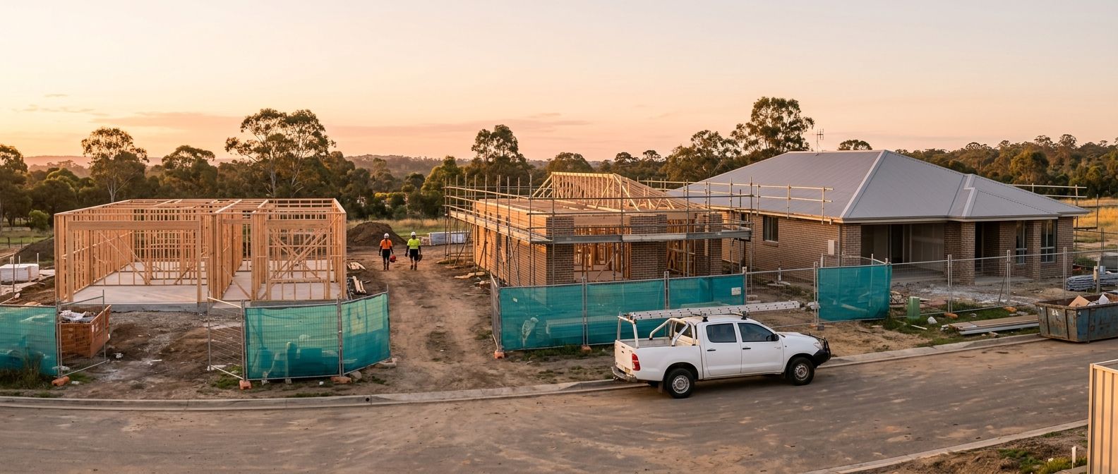 A new housing estate at sunrise: timber frames, a brick house with a metal roof, teal shade cloth on the site fences and a white ute