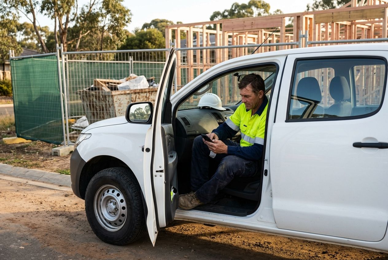 A tradie in a hi-vis shirt sits in a white ute outside a house build, checking his phone, his hard hat on the dashboard