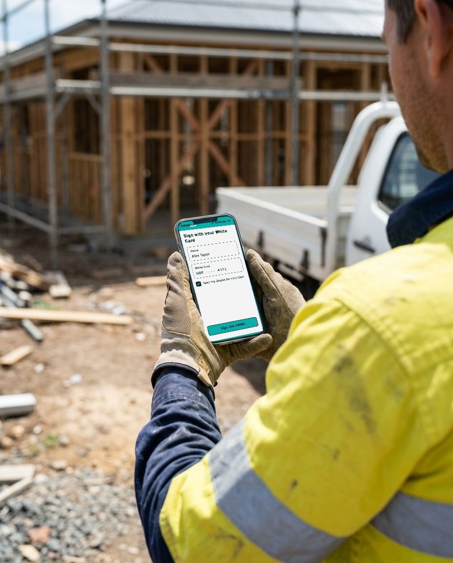 Gloved hands hold a phone showing the SWMS Link screen for signing with a White Card, a timber-framed house behind