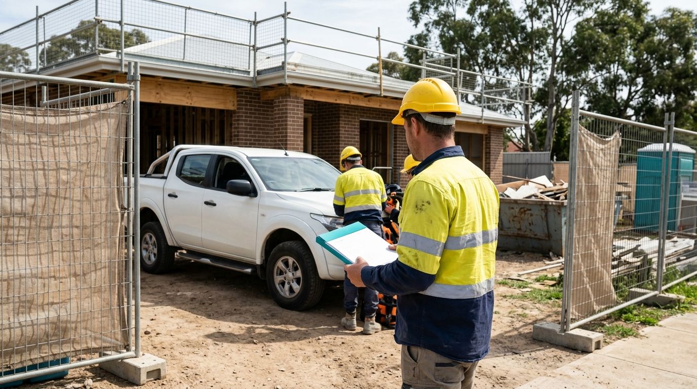 A supervisor holding a clipboard arrives at the gate of a house build with edge protection around the roof