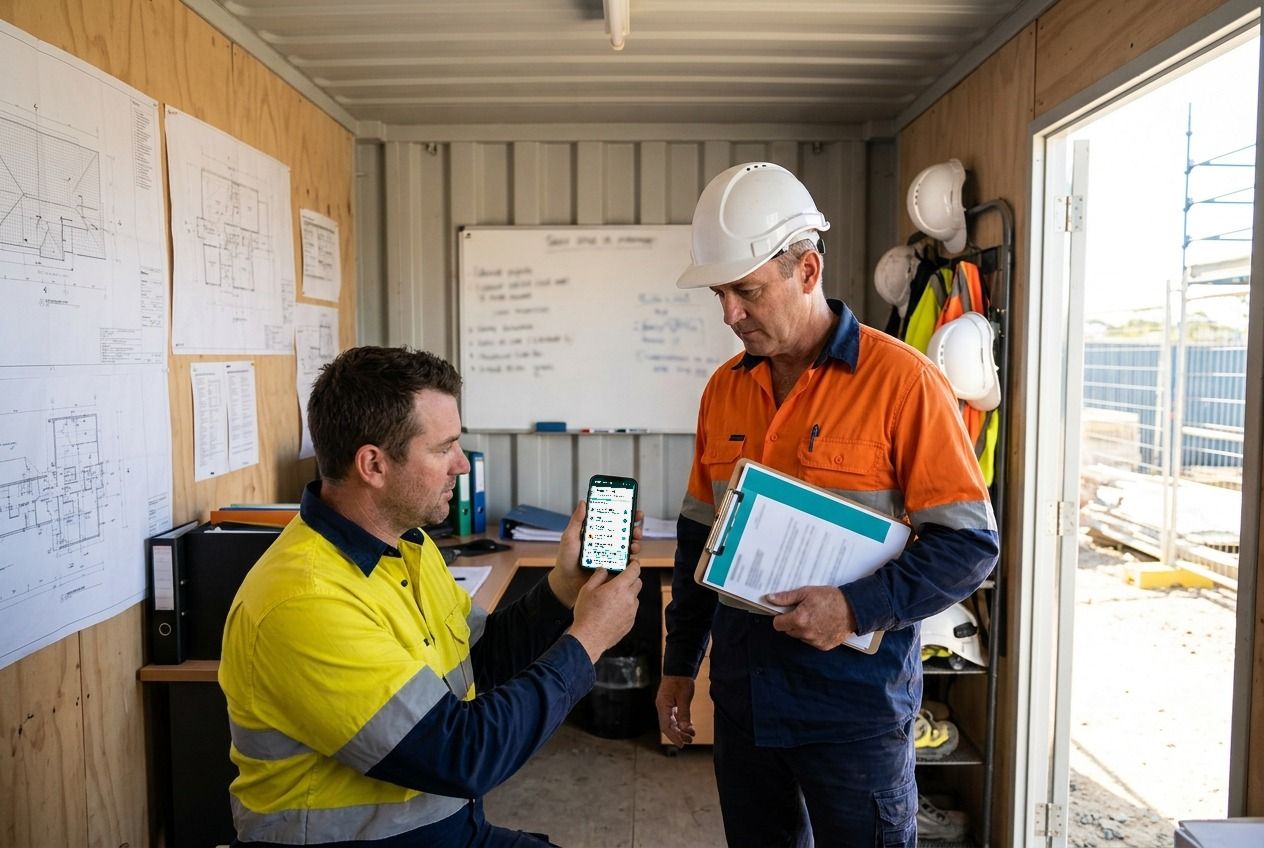 In a site office, a subcontractor shows the builder's site manager the SWMS on his phone